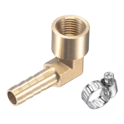 Harfington Uxcell Brass Hose Barb Fitting Elbow 8mm x G1/4 Female Thread Right Angle Pipe Connector with Stainless Steel Hose Clamp