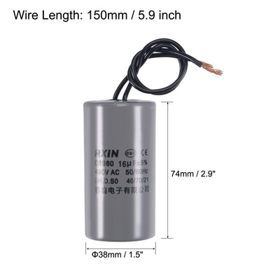 Harfington Uxcell CBB60 Run Capacitor 16uF 450V AC 2 Wires 50/60Hz Cylinder 74x38mm for Air Compressor Water Pump Motor