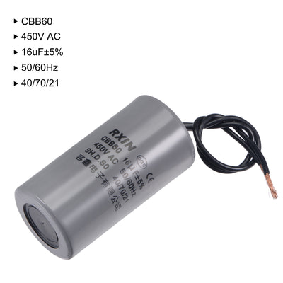 Harfington Uxcell CBB60 Run Capacitor 16uF 450V AC 2 Wires 50/60Hz Cylinder 74x38mm for Air Compressor Water Pump Motor
