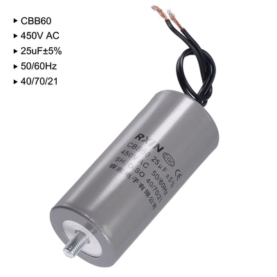 Harfington Uxcell CBB60 Run Capacitor 25uF 450V AC 2 Wires 50/60Hz Cylinder 98x45mm with M8 Fixing Stud for Air Compressor Water Pump Motor
