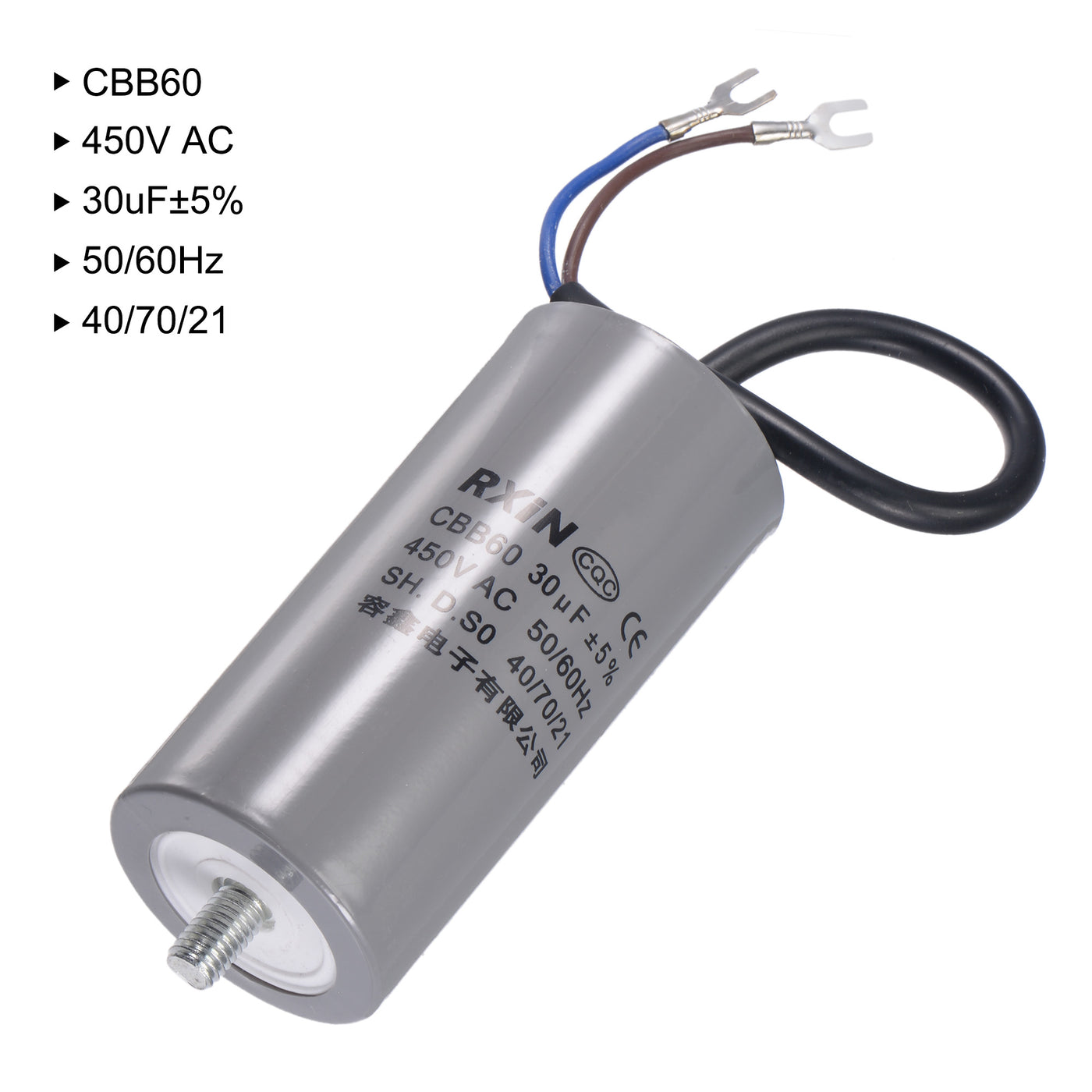 uxcell Uxcell CBB60 Run Capacitor 30uF 450V AC 2 Wires 50/60Hz Cylinder 96x45mm with Terminal, M8 Fixing Stud for Air Compressor Water Pump Motor