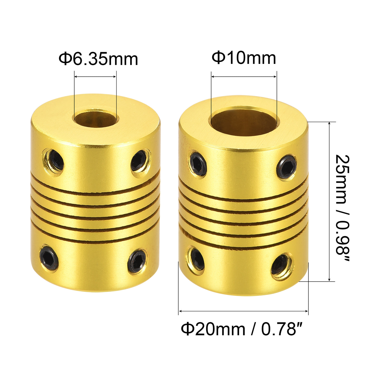 uxcell Uxcell 2 Pcs 10mm to 6.35mm Aluminum Alloy Shaft Coupling Flexible L25xD20 Golden Tone
