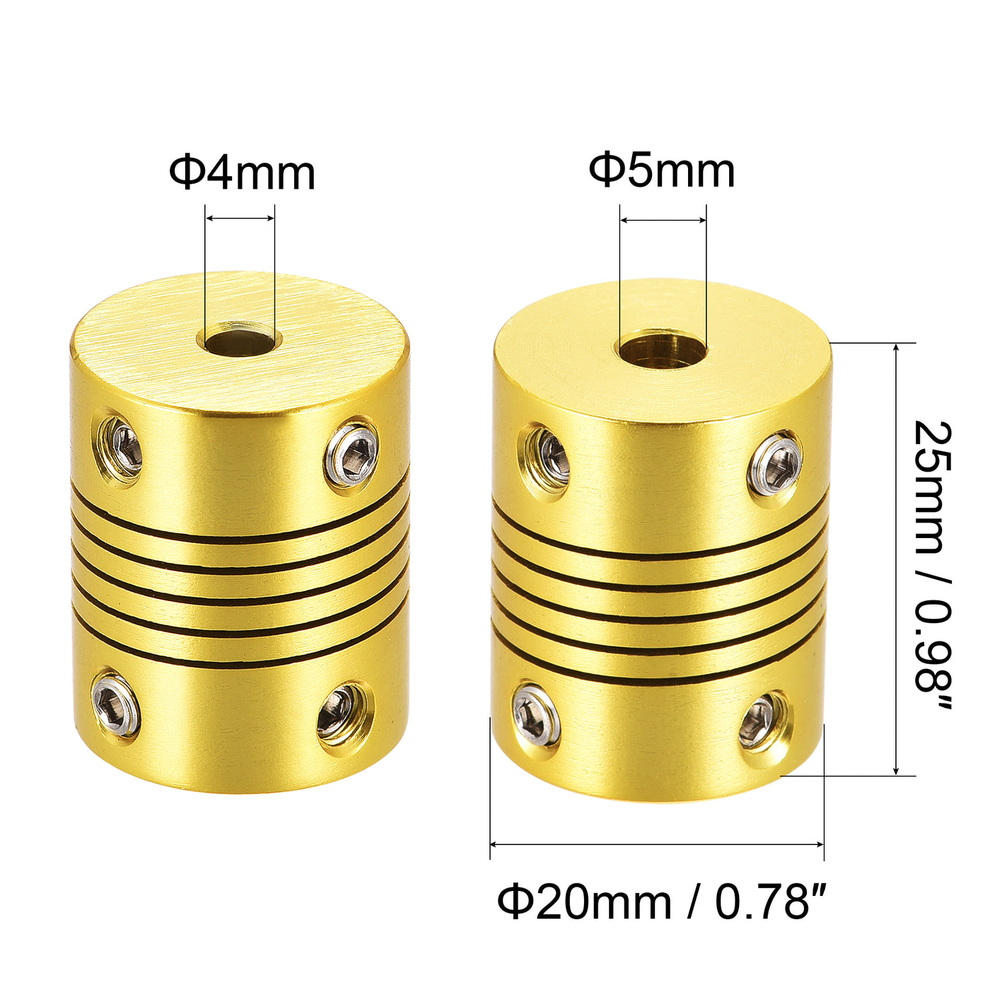 uxcell Uxcell 5 Pcs 5mm to 4mm Aluminum Alloy Shaft Coupling Flexible L25xD20 Golden Tone