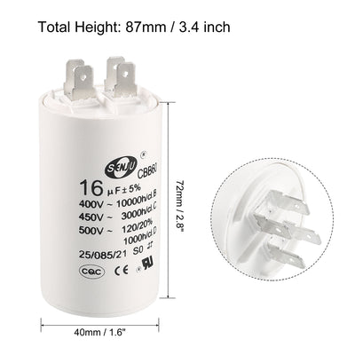 Harfington Uxcell CBB60 Run Capacitor 16uF 450V AC Double Insert 50/60Hz Cylinder 72x40mm White for Air Compressor Water Pump Motor