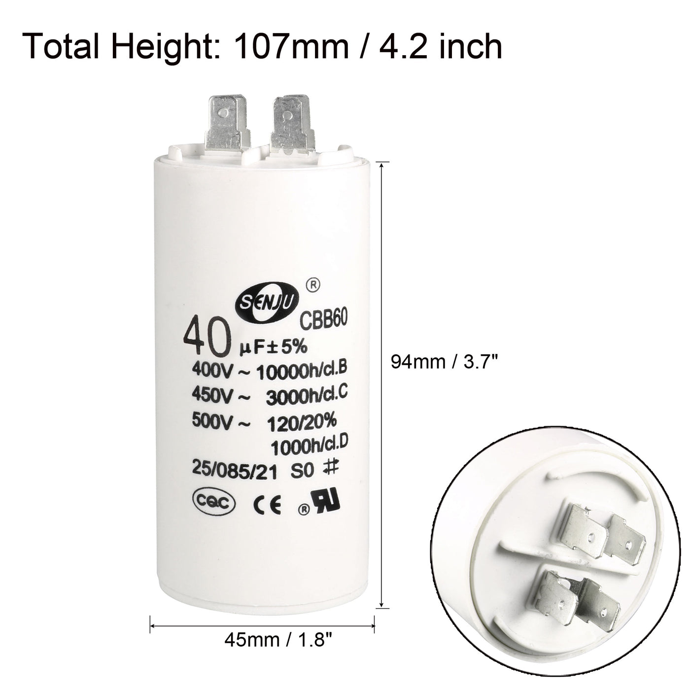 uxcell Uxcell CBB60 Run Capacitor 40uF 450V AC Double Insert 50/60Hz Cylinder 94x45mm White for Air Compressor Water Pump Motor