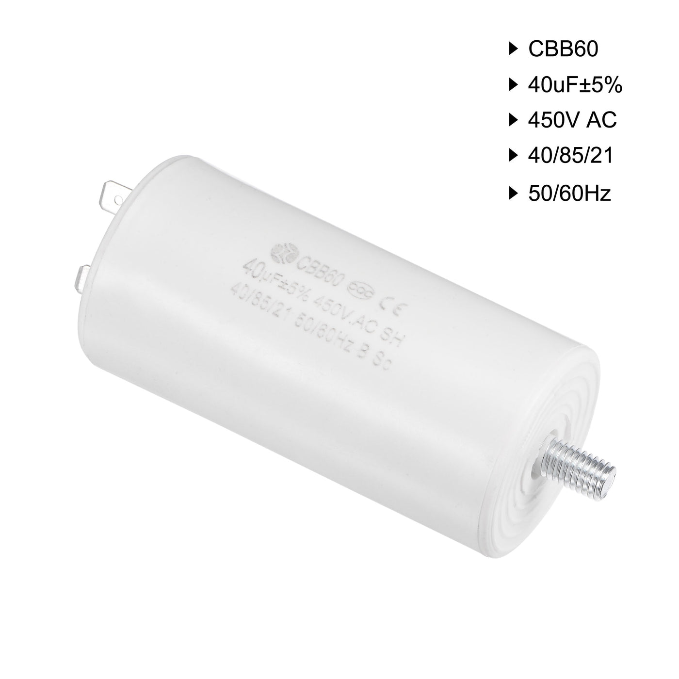 uxcell Uxcell CBB60 Run Capacitor 40uF 450V AC Single Insert 50/60Hz Cylinder 92x45mm White with Fixing Stud for Air Compressor Water Pump Motor