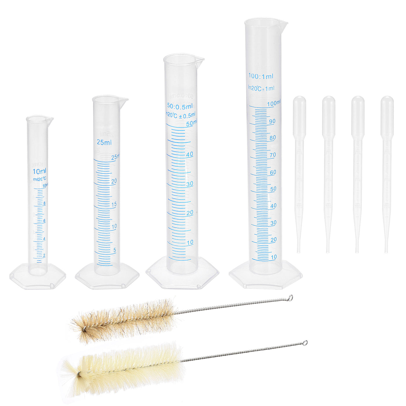 uxcell Uxcell Plastic Graduated Cylinder, 10ml 25ml 50ml 100ml Measuring Cylinder with 4 Transfer Pipettes and 2 Brushes, 10in1 Set for Science Lab