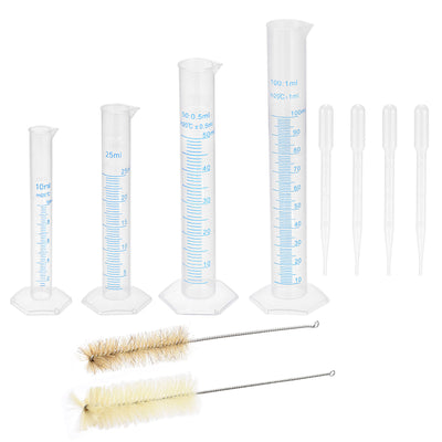 Harfington Uxcell Plastic Graduated Cylinder, 10ml 25ml 50ml 100ml Measuring Cylinder with 4 Transfer Pipettes and 2 Brushes, 10in1 Set for Science Lab