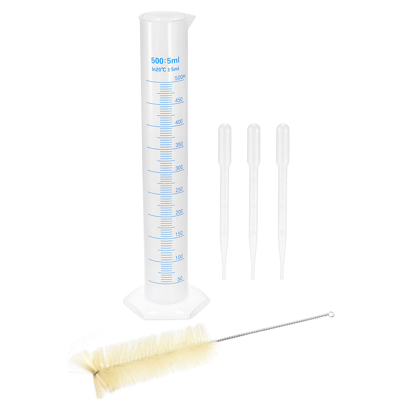 uxcell Uxcell Plastic Graduated Cylinder, 500ml Measuring Cylinder with 3 Transfer Pipettes and 1 Brush, 5in1 Set for Science Lab