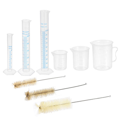 Harfington Uxcell Plastic Graduated Cylinder, 10ml 50ml 100ml Measuring Cylinder with 50ml 100ml 250ml Beakers and 3 Sizes Brushes, 9in1 Set for Science Lab