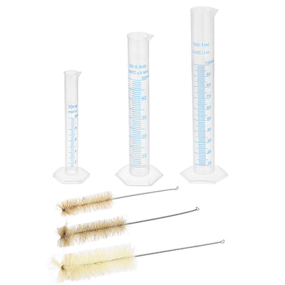 Harfington Uxcell Plastic Graduated Cylinder, 10ml 50ml 100ml Measuring Cylinder with 3 Sizes Brushes, 6in1 Set for Science Lab