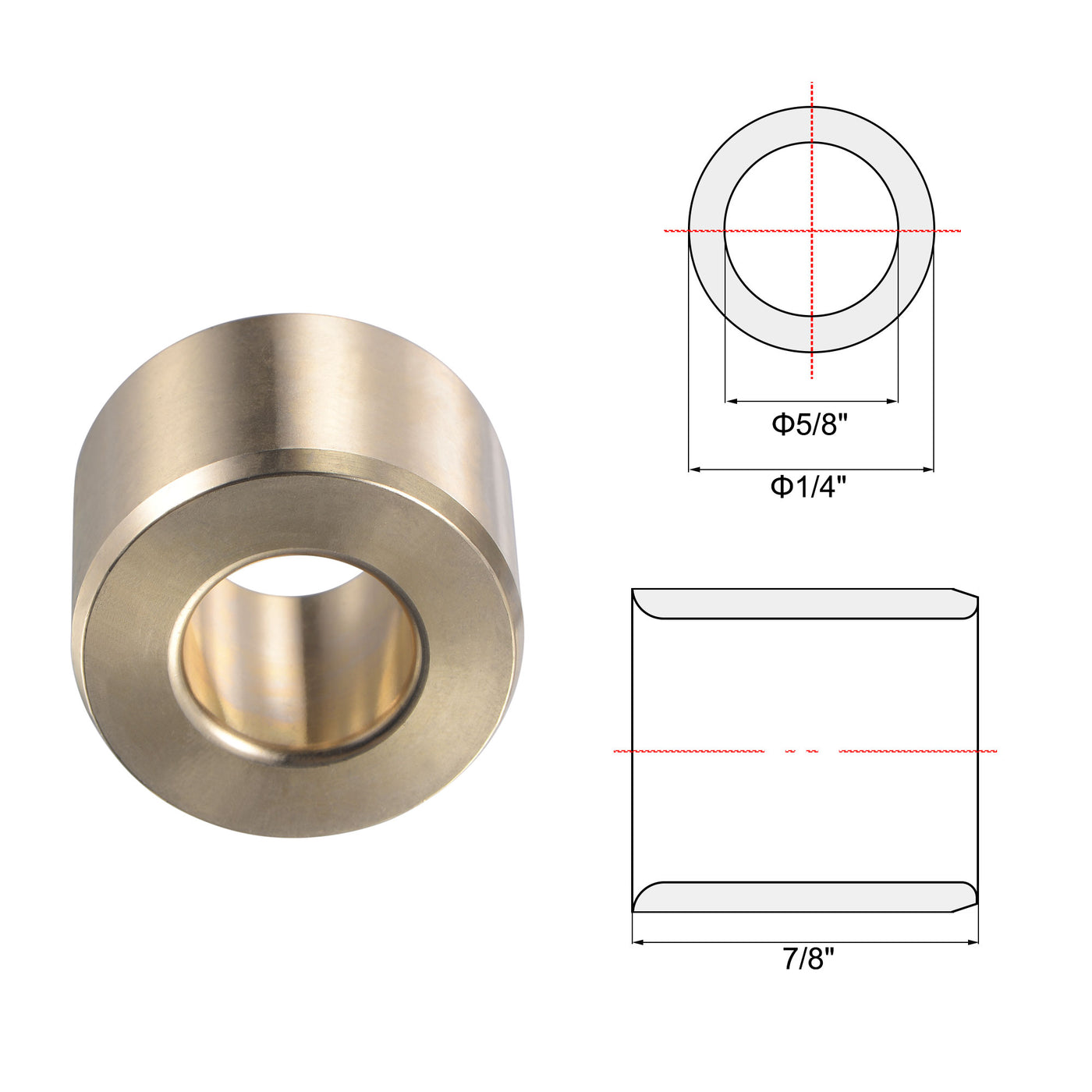 Uxcell 3-Pack Brass Sleeve Bearings - 7/8" Bore, 1" OD, Self-Lubricating & Maintenance-Free Bushings