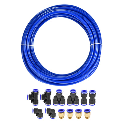 uxcell Uxcell Air Line Tubing Kit 10mm OD 10M Polyurethane PU Tube Blue with 12 Pcs Push to Connect Fittings