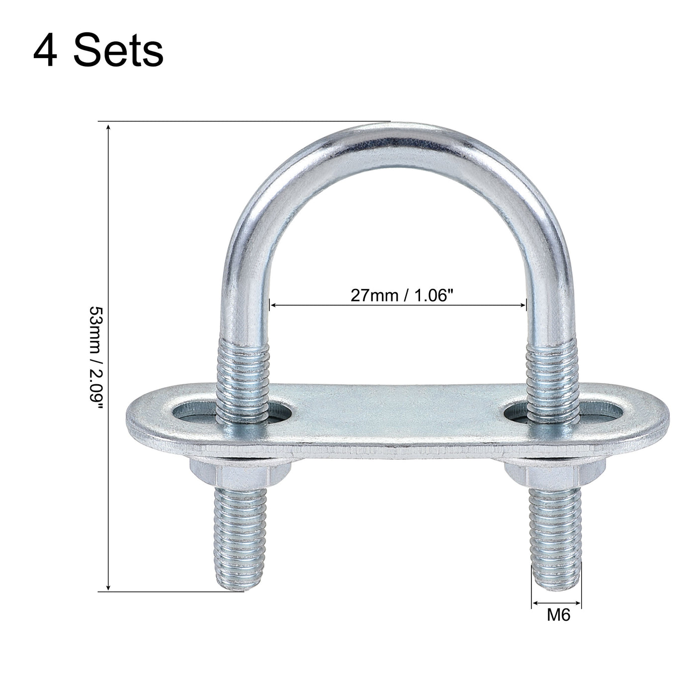 Uxcell Uxcell Round U-Bolt 60mm Inner Width 110mm Length Steel M6 with Nut Plate Washer 4 Sets