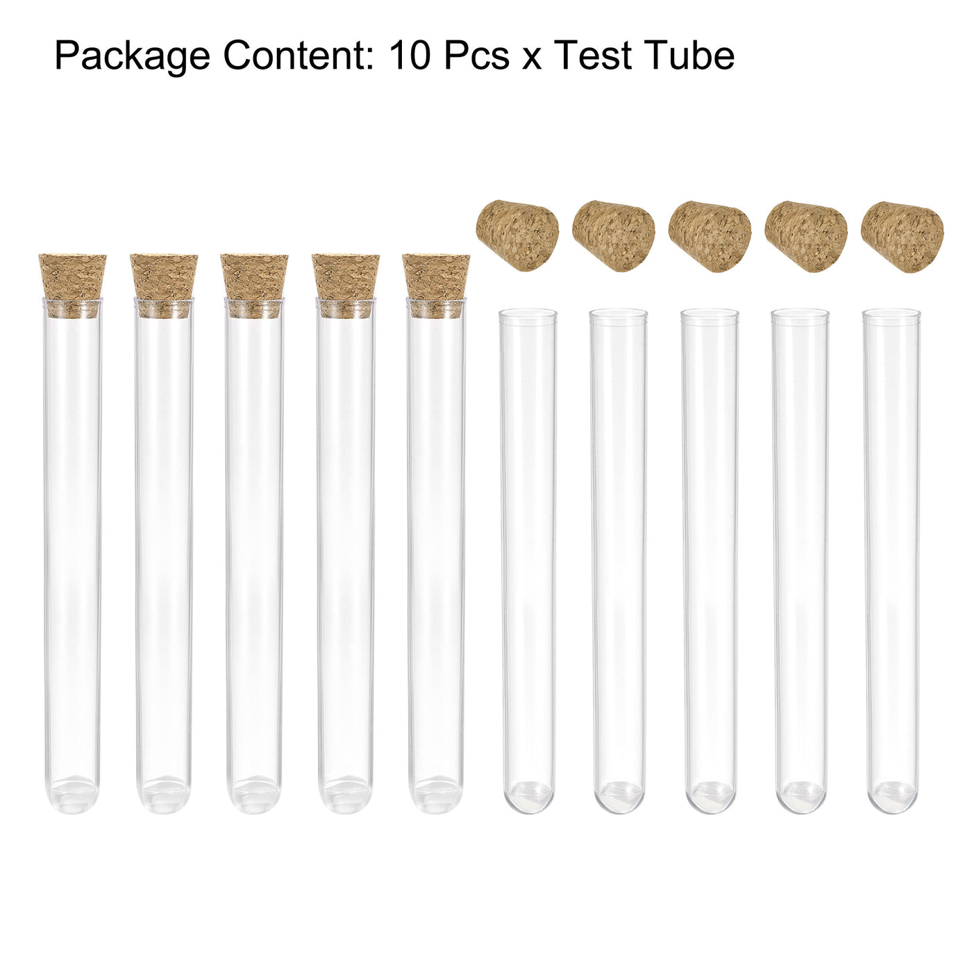 Uxcell Uxcell 10Pcs PS Plastic Test Tubes with Cork Stoppers, Round Base, 20x153mm