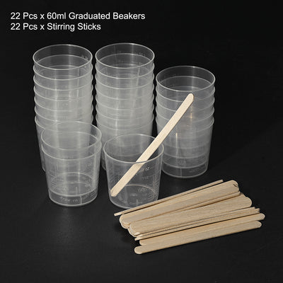 Harfington Uxcell 22 Pack Measuring Cup 60ml/2oz PP Plastic Graduated Beaker Clear with 22 Pack Wooden Stirring Sticks for Lab Kitchen Liquids