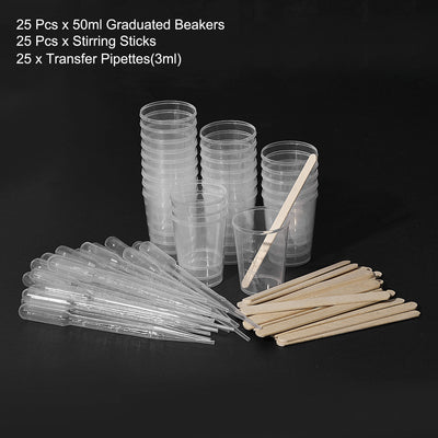 Harfington Uxcell 25 Pack Measuring Cup 50ml Plastic Graduated Beaker Clear with 25 Pack Wooden Stirring Sticks and 25 Pack Pipettes for Lab Kitchen Liquids