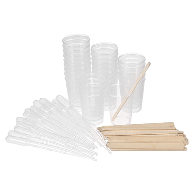 Harfington Uxcell 25 Pack Measuring Cup 50ml Plastic Graduated Beaker Clear with 25 Pack Wooden Stirring Sticks and 25 Pack Pipettes for Lab Kitchen Liquids
