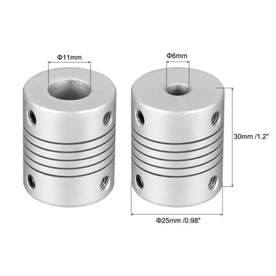Harfington Uxcell 11mm to 6mm Aluminum Alloy Shaft Coupling Flexible Coupler L30xD25 Silver