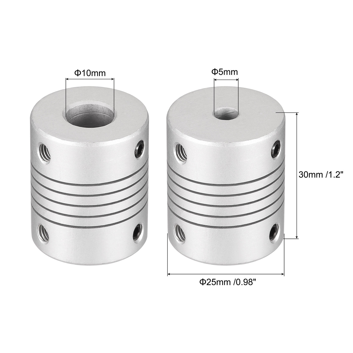 uxcell Uxcell 10mm to 5mm Aluminum Alloy Shaft Coupling Flexible Coupler L30xD25 Silver 2Pcs