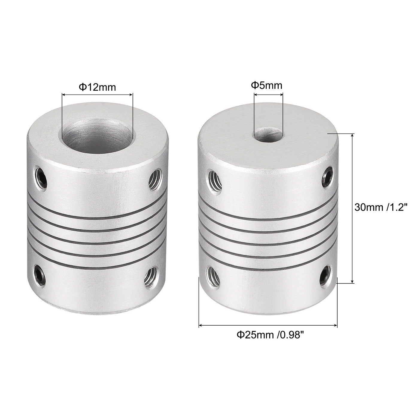 uxcell Uxcell 12mm to 5mm Aluminum Alloy Shaft Coupling Flexible Coupler L30xD25 Silver 2Pcs