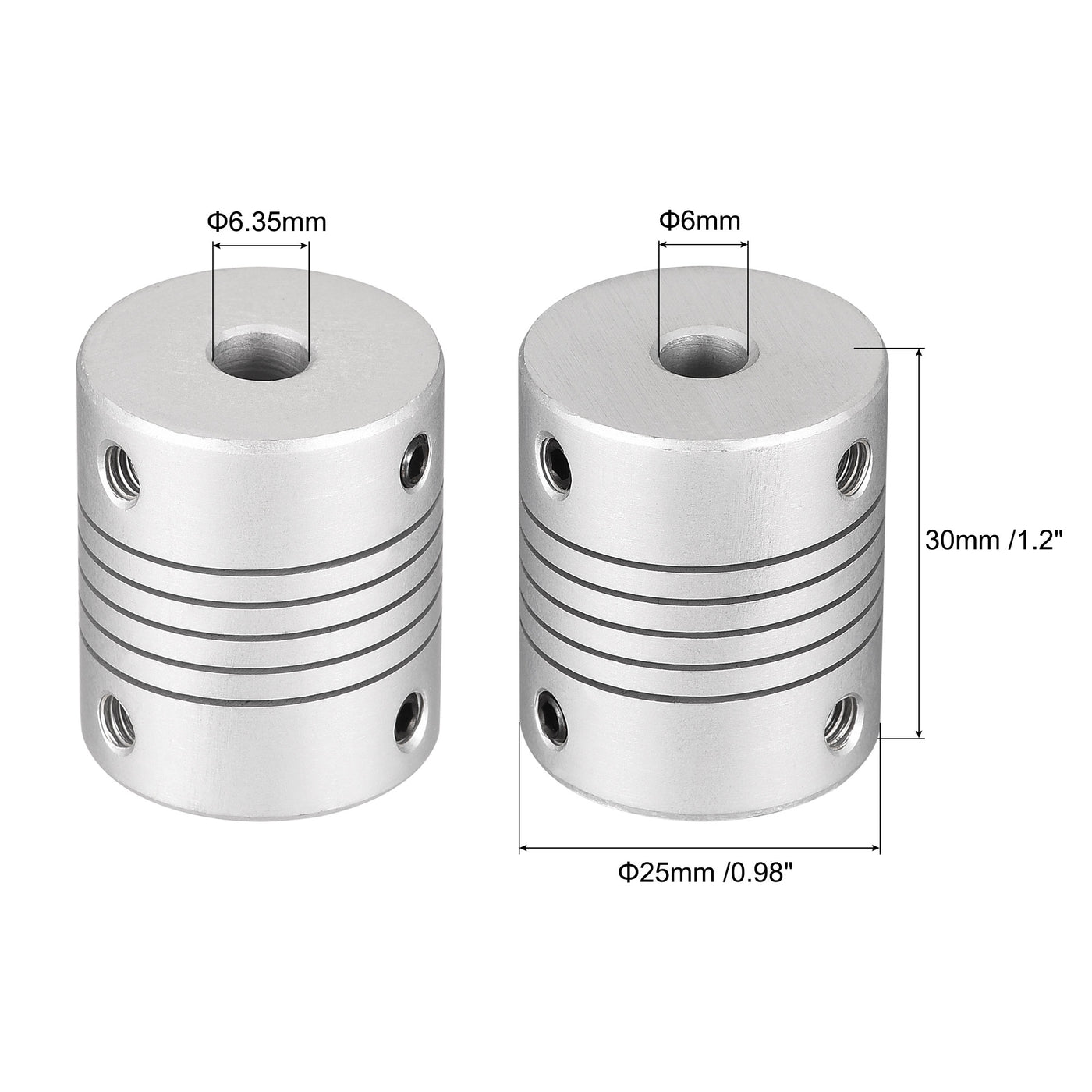 uxcell Uxcell 6.35mm to 6mm Aluminum Alloy Shaft Coupling Flexible Coupler L30xD25 Silver 2Pcs
