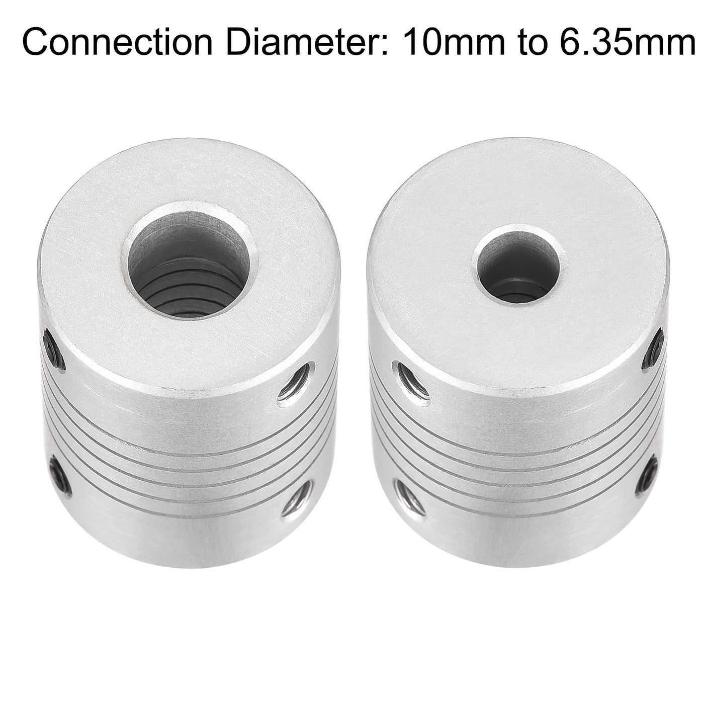 uxcell Uxcell 10mm to 6.35mm Aluminum Alloy Shaft Flexible Coupler L30xD25 Silver 2Pcs