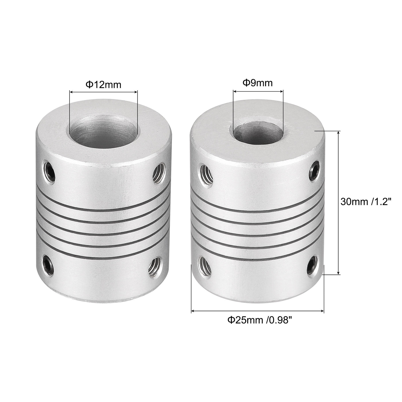 uxcell Uxcell 12mm to 9mm Aluminum Alloy Shaft Coupling Flexible Coupler L30xD25 Silver 2Pcs