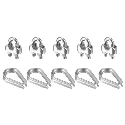 Harfington Uxcell Wire Rope Cable Clip Kit for M5, Included Rope Clamp 5Pcs and Thimble Rigging 5Pcs, 304 Stainless Steel U Bolt Saddle Fastener