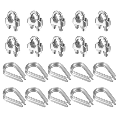 Harfington Uxcell Wire Rope Cable Clip Kit for M5, Included Rope Clamp 10Pcs and Thimble Rigging 10Pcs, 304 Stainless Steel U Bolt Saddle Fastener