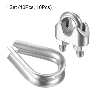 Harfington Uxcell Wire Rope Cable Clip Kit for M8, Included Rope Clamp 10Pcs and Thimble Rigging 10Pcs, 304 Stainless Steel U Bolt Saddle Fastener