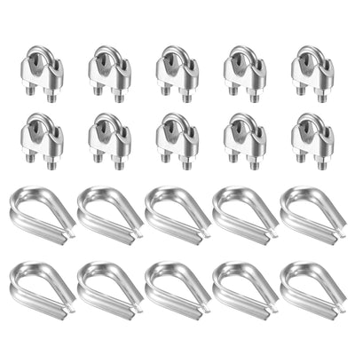 Harfington Uxcell Wire Rope Cable Clip Kit for M8, Included Rope Clamp 10Pcs and Thimble Rigging 10Pcs, 304 Stainless Steel U Bolt Saddle Fastener