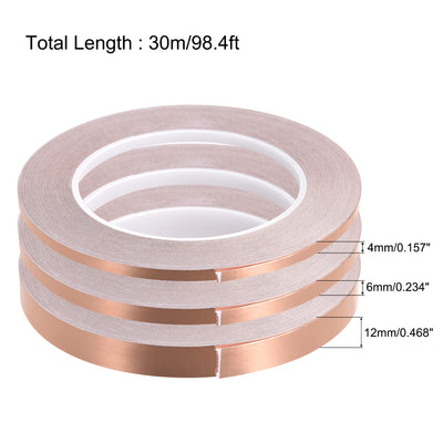 Harfington Uxcell Single-Sided Conductive Tape Copper Foil Tape 4mm/6mm/12mm x 30m/98.4ft 3pcs