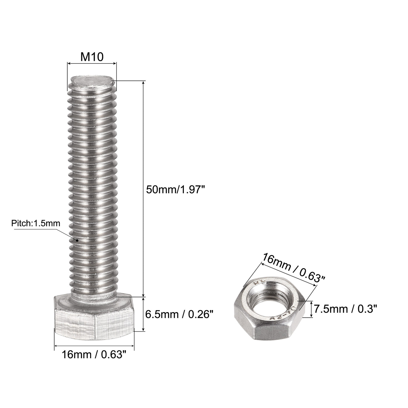 Uxcell Uxcell M10 x 45mm Hex Head Screws Bolts, Nuts, Flat & Lock Washers Kits, 304 Stainless Steel Fully Thread Hexagon Bolts 4 Sets