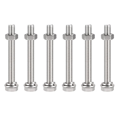 Harfington Uxcell M10 x 140mm Hex Head Screws Bolts, Nuts, Flat & Lock Washers Kits, 304 Stainless Steel Fully Thread Hexagon Bolts 6 Sets