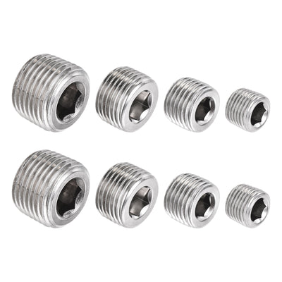 uxcell Uxcell Stainless Steel Internal Hex Pipe Plug Assortment 1/8NPT 1/4NPT 3/8NPT 1/2PT Male Thread Socket Cap 4in1 2 Set