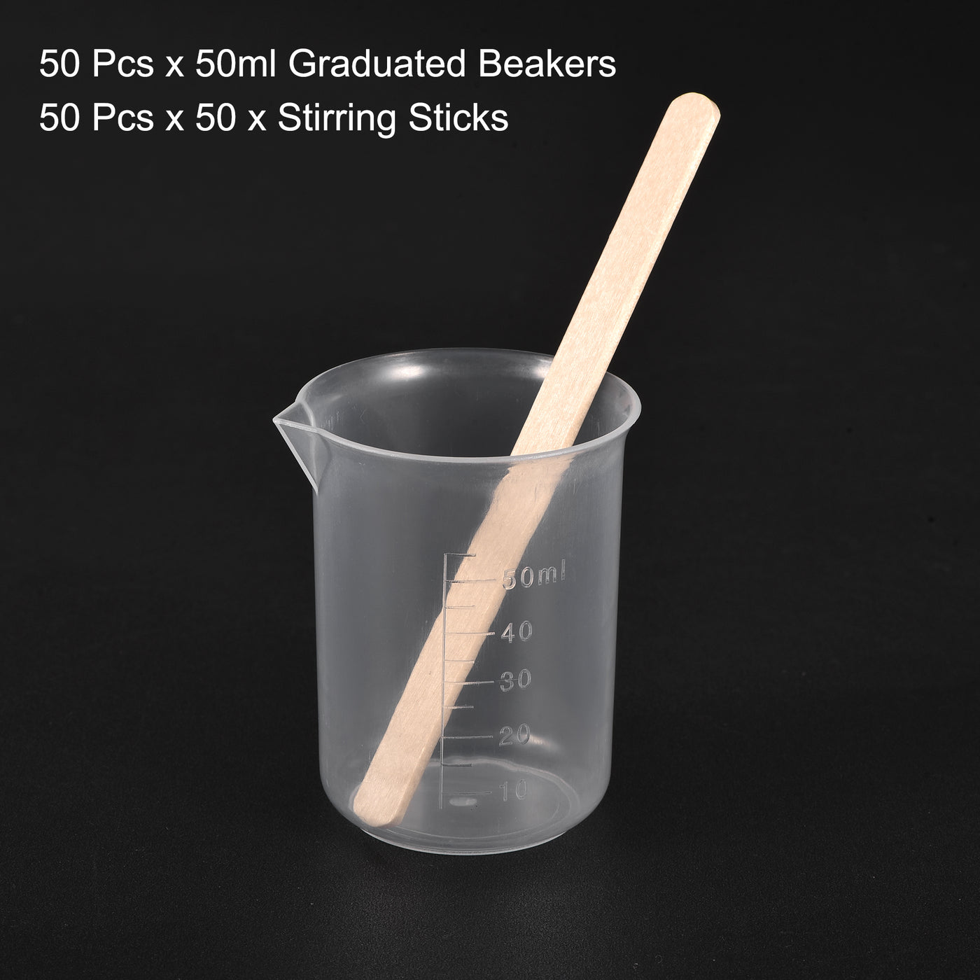 uxcell Uxcell 50 Pack Measuring Cup 50ml PP Plastic Graduated Beaker Clear with 50 Pack Wooden Stirring Sticks for Lab Kitchen Liquids