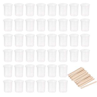 Harfington Uxcell 50 Pack Measuring Cup 50ml PP Plastic Graduated Beaker Clear with 50 Pack Wooden Stirring Sticks for Lab Kitchen Liquids
