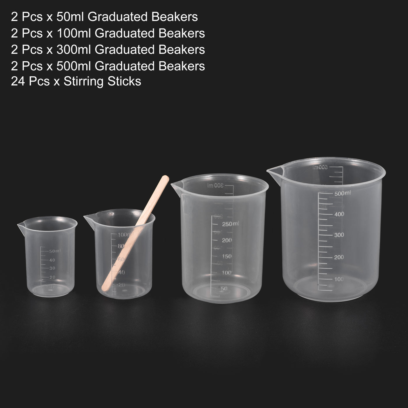 uxcell Uxcell 8 Pack Measuring Cup, 50ml 100ml 300ml 500ml, PP Plastic Graduated Beaker Clear with 24 Pack Wooden Stirring Sticks for Lab Kitchen Liquids