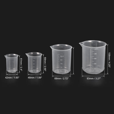 Harfington Uxcell 8 Pack Measuring Cup, 50ml 100ml 300ml 500ml, PP Plastic Graduated Beaker Clear with 24 Pack Wooden Stirring Sticks for Lab Kitchen Liquids