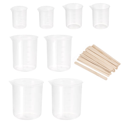Harfington Uxcell 8 Pack Measuring Cup, 50ml 100ml 300ml 500ml, PP Plastic Graduated Beaker Clear with 24 Pack Wooden Stirring Sticks for Lab Kitchen Liquids
