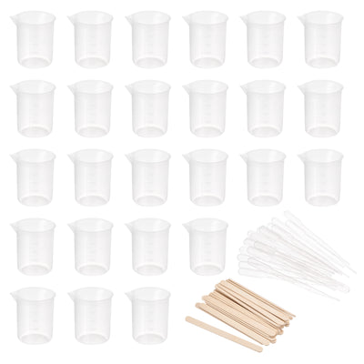 uxcell Uxcell 25 Pack Measuring Cup 100ml PP Plastic Graduated Beaker Clear with 25 Pack Wooden Stirring Sticks and 25 Pack Pipettes for Lab Kitchen Liquids