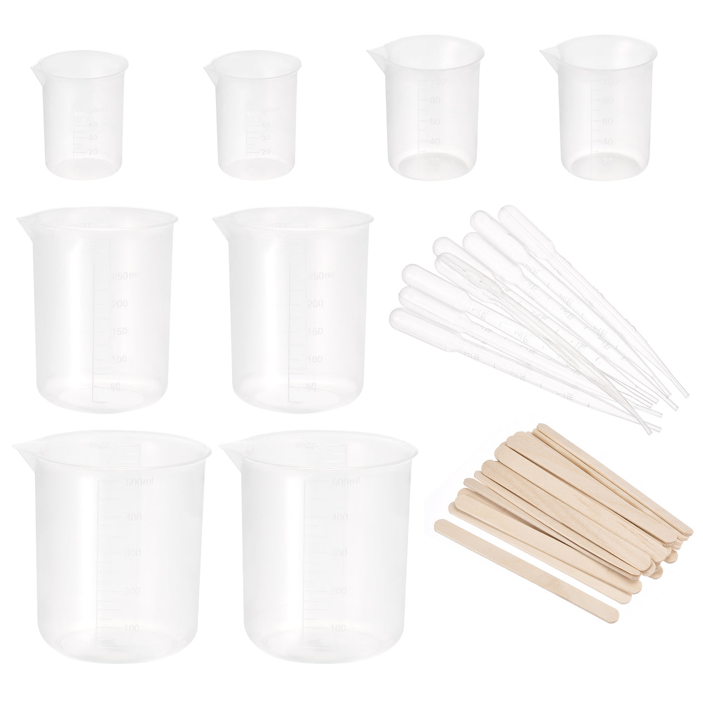 uxcell Uxcell 8 Pack Measuring Cup, 50ml 100ml 300ml 500ml, PP Plastic Graduated Beaker Clear with 24 Wooden Stirring Sticks and 8 Pipettes for Lab Kitchen Liquids