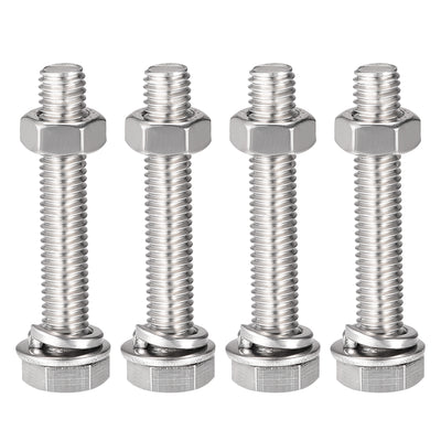 Harfington Uxcell Hex Head Screws Bolts, Nuts, Flat & Lock Washers Kits, 304 Stainless Steel Fully Thread Hexagon Bolts 4 Set