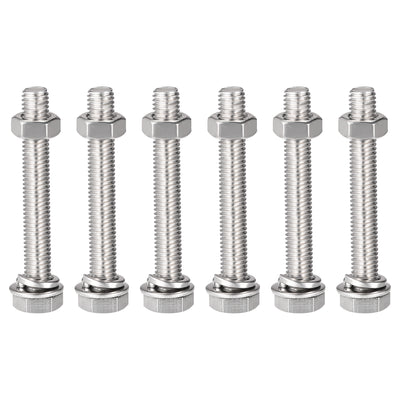 Harfington Uxcell M8 x 90mm Hex Head Screws Bolts, Nuts, Flat & Lock Washers Kits, 304 Stainless Steel Fully Thread Hexagon Bolts 6 Sets
