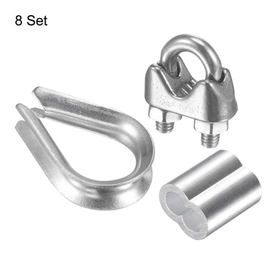 Harfington Uxcell Wire Rope Cable Clip Kit for M4, Included 304 Stainless Steel Rope Clamp, Thimble Rigging, Aluminum Crimping Loop Sleeve 8 Set
