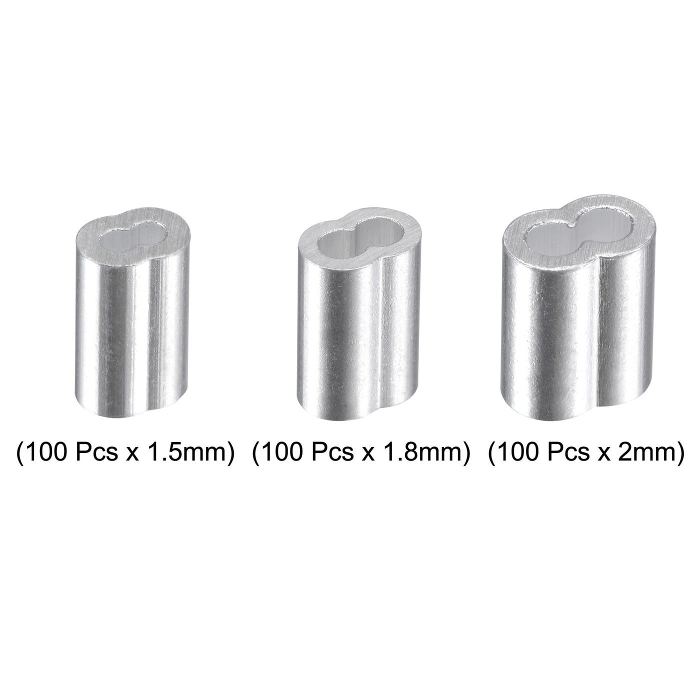 uxcell Uxcell Wire Rope Aluminum Crimping Loop Sleeve Assortment Kit for 1.5/1.8/2mm Dia., Cable Crimp Double Hole Ferrule Clip Fittings 100 Set