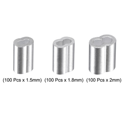 Harfington Uxcell Wire Rope Aluminum Crimping Loop Sleeve Assortment Kit for 1.5/1.8/2mm Dia., Cable Crimp Double Hole Ferrule Clip Fittings 100 Set