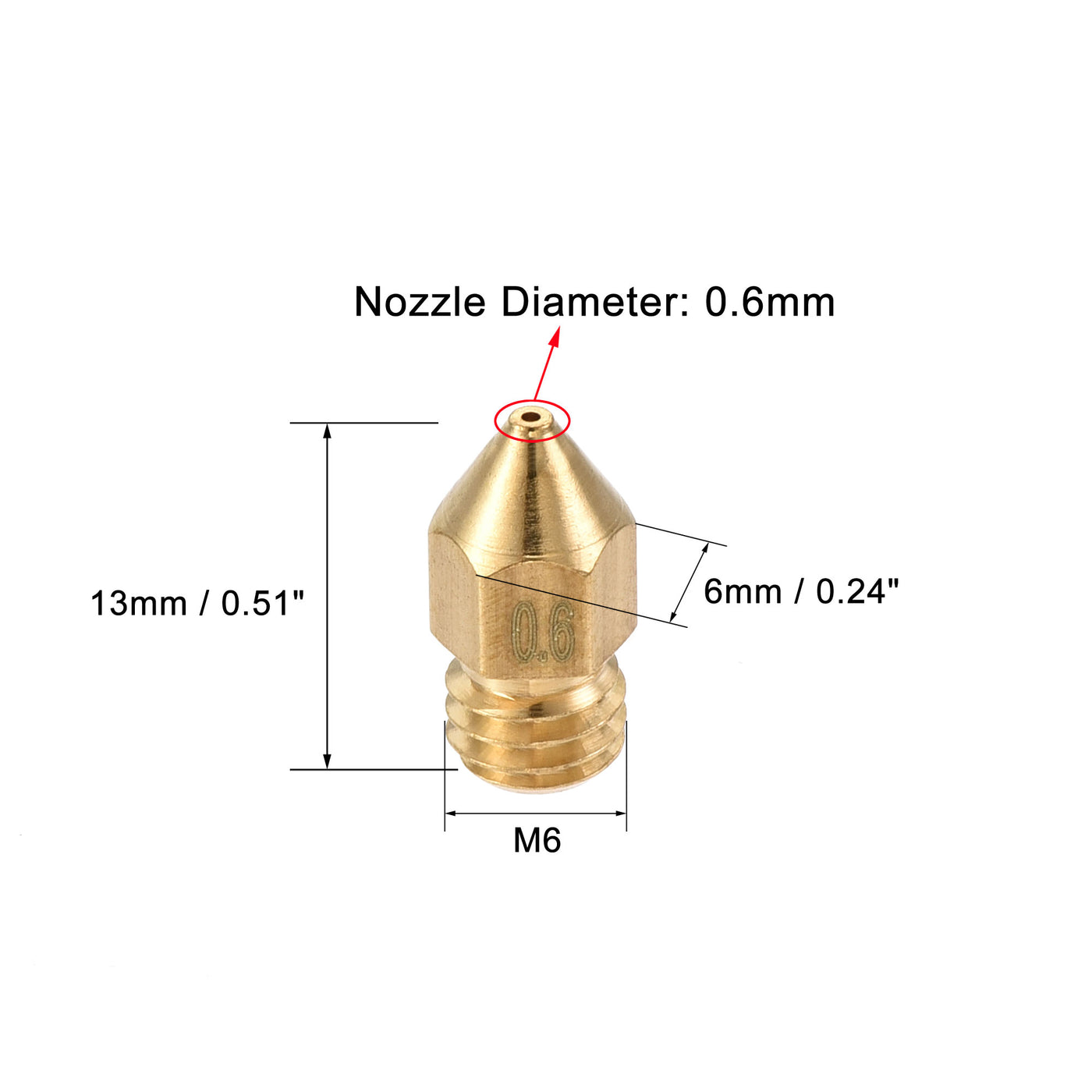 uxcell Uxcell 0.6mm 3D Printer Nozzle, 30pcs M6 Thread for MK8 1.75mm Extruder Print, Brass