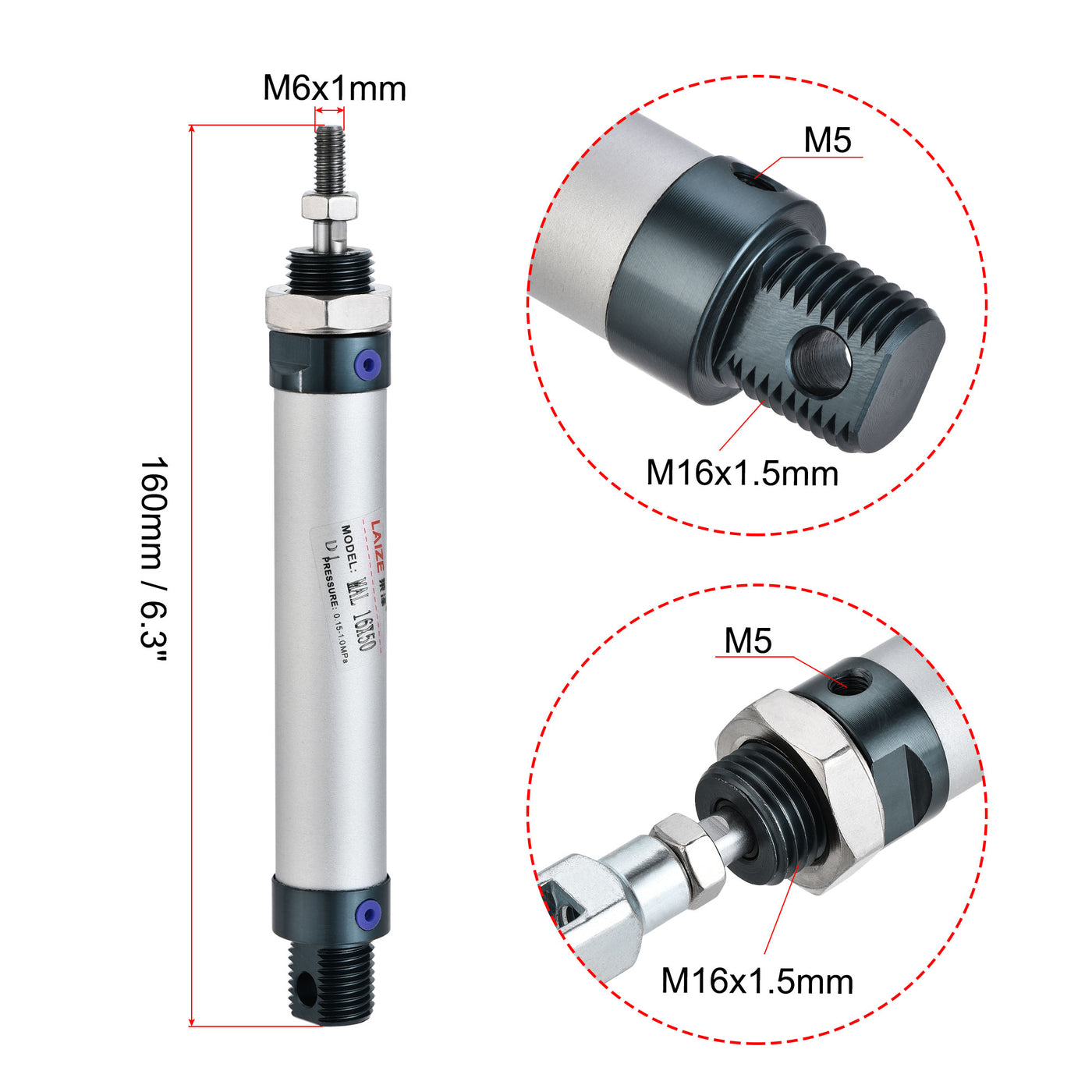 Uxcell Uxcell Pneumatic Air Cylinder 16mm Bore 75mm Stroke with Y Connector and Quick Fittings, MAL 16x75, for Automatic Equipment